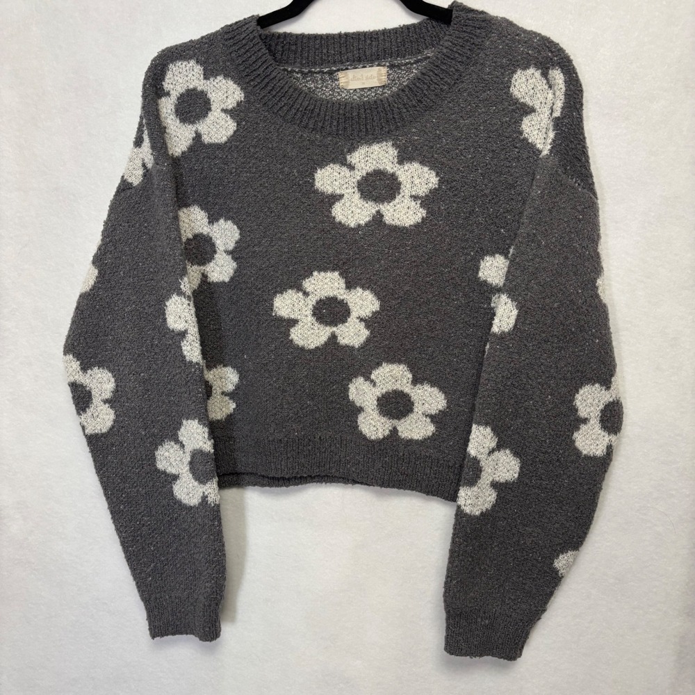 Altar'd State Womens Medium Grey White Marled Textured Knit Crew Neck Sweater